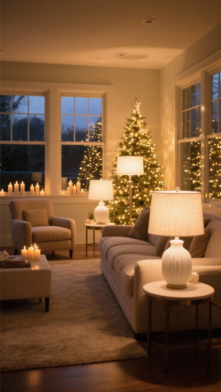 Medium shot of a living room seating area at dusk with all ambient lighting on: 2700K warm white table lamps with fabric shades, a Christmas tree glowing with warm twinkle lights, window candles in the background, and a dimmable main lamp; soft pools of light around the sofa and armchairs, no overhead lights; cozy, golden glow that layers tree lights + window candles + lamps.