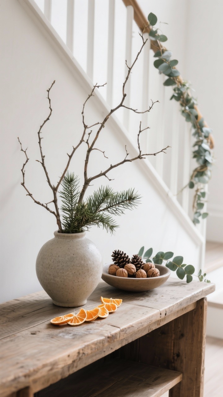 Medium shot of a minimalist console table vignette bringing nature in: a large stoneware vase holding bare branches and evergreen clippings, a shallow bowl filled with pinecones and walnuts on a raw wood surface, a strand of dried orange slices nearby; fresh eucalyptus wrapped along a stair rail in the background; natural daylight and subtle, organic scent suggestion through visuals only.