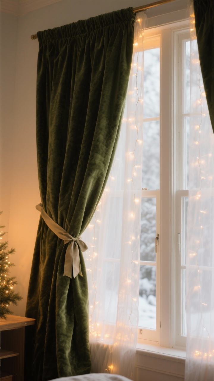 Medium shot of a window dressed for winter: velvet or flannel drapes in deep olive hung over sheer panels, with warm string lights softly glowing behind the sheers; the drapes tied back with a ribbon for a subtle festive touch; warm, diffused light casting a cozy glow into the room.