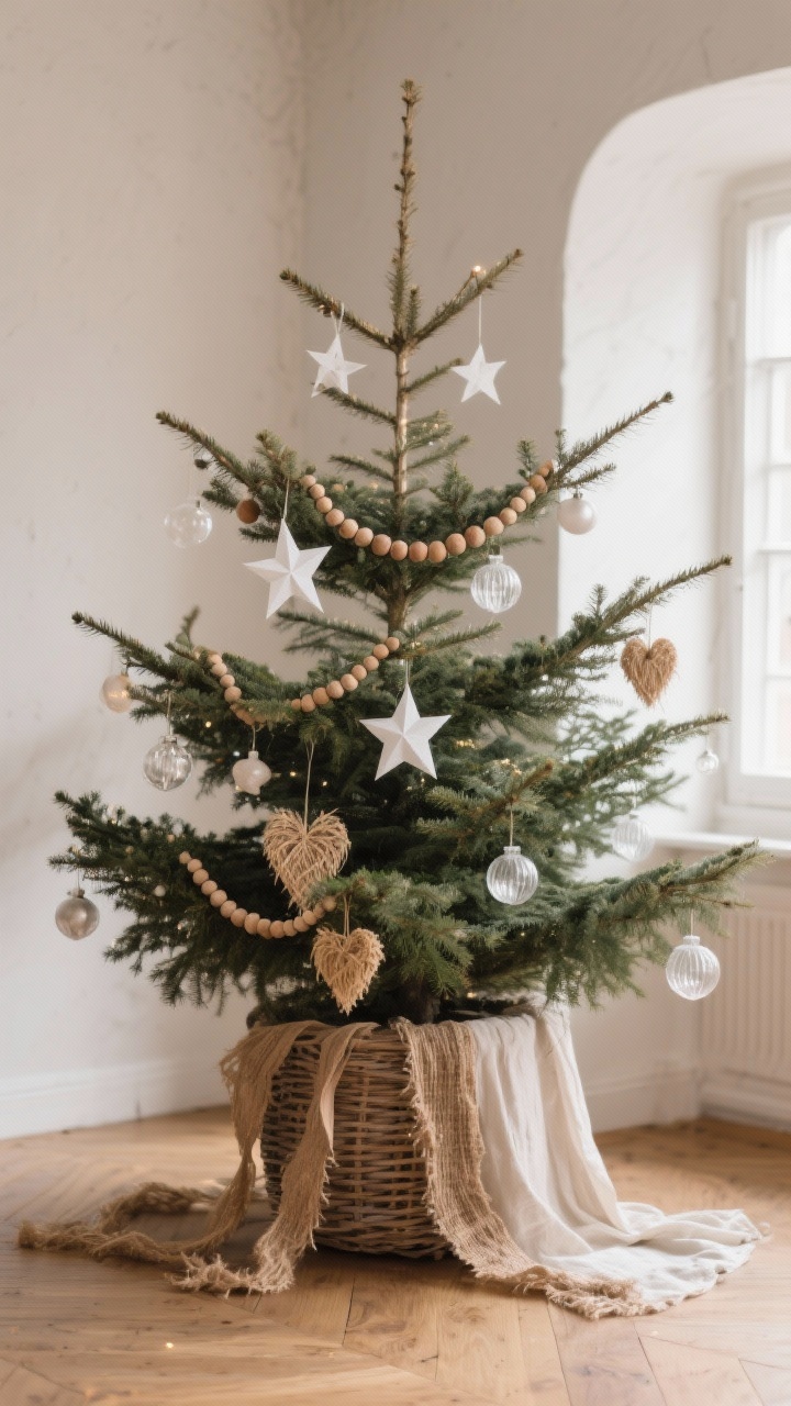 Medium shot of an airy, natural Christmas tree with space between branches, styled minimally: wood bead garland, white paper stars, traditional straw hearts, and a few clear glass ornaments; no tinsel, long linen and jute ribbon streamers draping; base set in a woven basket replacing a skirt; soft ambient lighting, wooden floors and neutral walls.