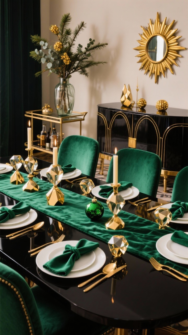 Medium shot of an Art Deco dining room: black lacquer dining table with a deep green silk runner, faceted gold candleholders and scattered geometric gold ornaments; emerald velvet dining chairs, vintage-style bar cart in the background; gold sunburst mirror above a sideboard, tall glass vase filled with pine branches and gold-tipped eucalyptus; chic place settings with white plates, gold flatware, emerald napkins, and a mini green ornament tied with velvet ribbon at each seat; ambient warm lighting, photorealistic.