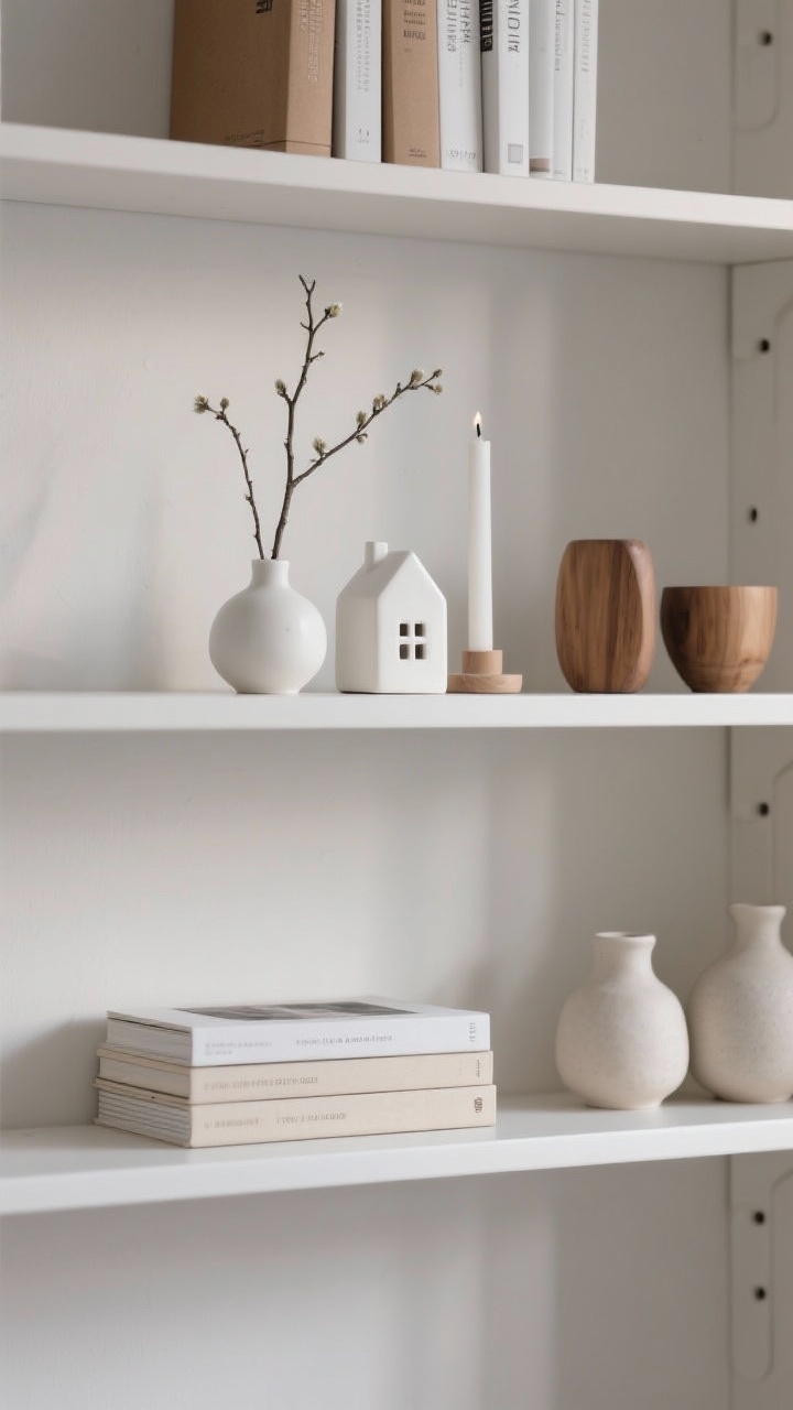 Medium shot of Scandinavian shelves styled with restraint: grouped trio of objects—small white ceramic house, a twig in a bud vase, and a candle; repetition of materials with two wood items and two ceramic items across shelves; a few book jackets swapped to white or kraft; plenty of negative space, soft side lighting, uncluttered and calm.
