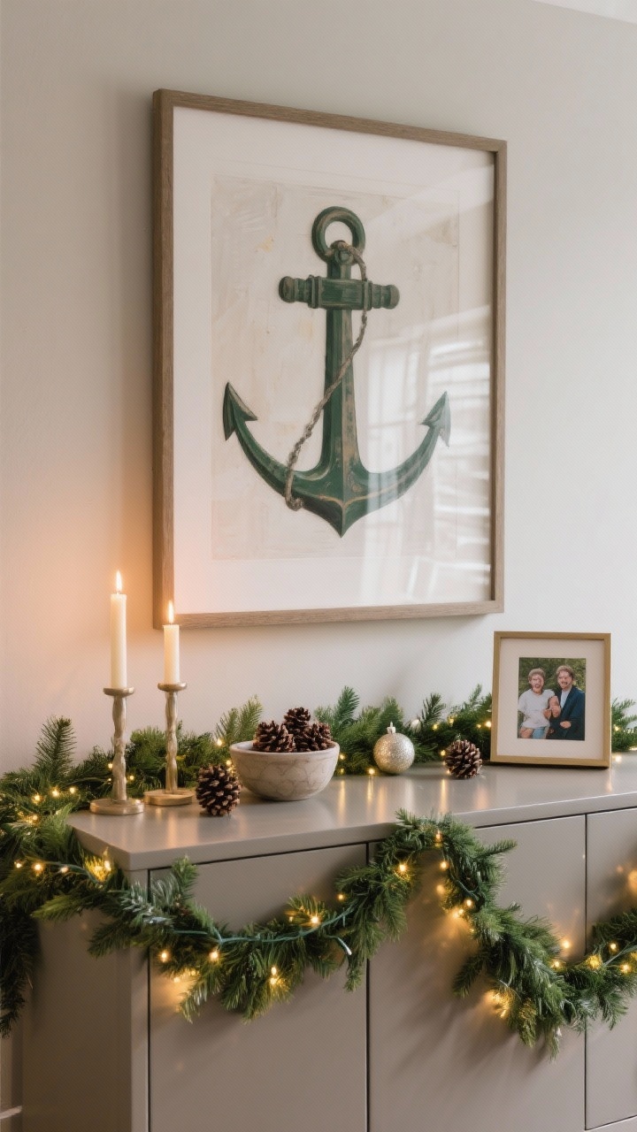 Medium shot straight-on of a seasonal sideboard vignette: an anchor piece of framed art above, a green garland with micro LED lights draped across the top, tapered candles, a small bowl of pinecones and ornaments, and a single personal touch like a framed family photo; balanced composition, warm twinkle light glow.
