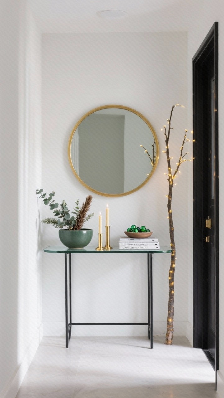 Minimalist entryway straight-on: narrow black metal-and-glass console beneath a wide circular gold mirror; on the console a low matte-green ceramic bowl arrangement of cedar and eucalyptus, two slim gold taper candles, a stack of design books, and a shallow dish of tiny green glass ornaments; in the corner a skinny pencil tree with only gold micro-lights, no ornaments; clean, airy daylight, photorealistic.