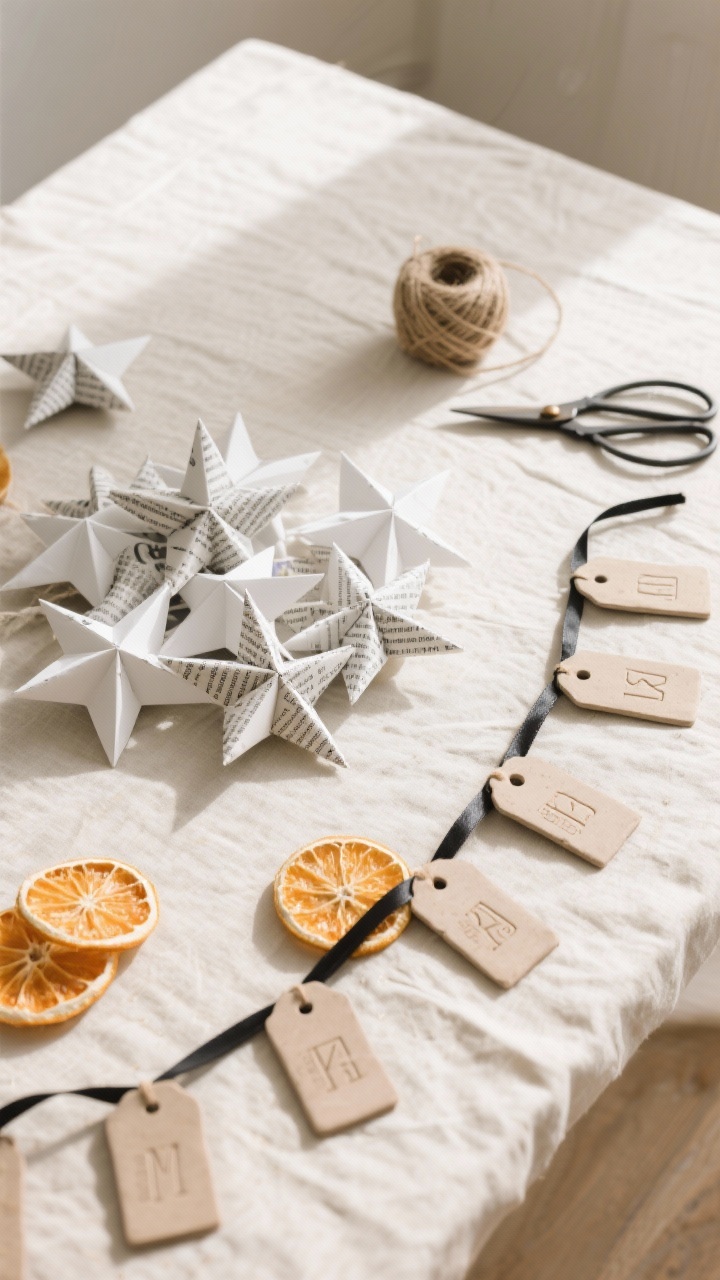 Overhead craft table detail shot of high-end minimal DIYs: clusters of white and newsprint folded paper stars, neat air-dry clay gift tags with stamped letters and holes ready for stringing, and a line of dried orange slices threaded with black ribbon; neutral tools (scissors, twine) on a cream linen surface; bright natural light.