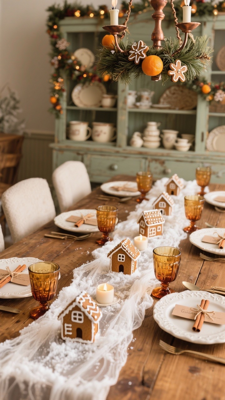 Overhead detail shot of a Gingerbread Bakery Dining Room tablescape: ivory stoneware place settings, amber goblets, cinnamon-stick place cards tied with twine; gauze runner like snow down the center with mini gingerbread houses and tea lights; warm wood table surface; background hints of an antique hutch strung with a gingerbread garland, creamware and copper inside; rustic chandelier wrapped in cedar and dried oranges softly blurred; cozy, aromatic holiday atmosphere.