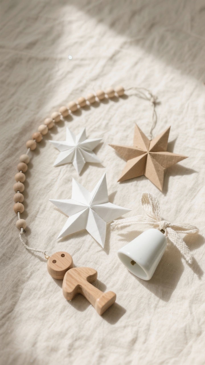 Overhead detail shot of minimal, handcrafted ornaments laid out on a cream linen cloth: hand-folded paper stars in white and kraft, wood bead garland, small carved wooden figures, and simple white ceramic bells tied with linen ribbon; neutral palette, tactile materials, soft shadowing, no glitter, calm Scandinavian aesthetic.