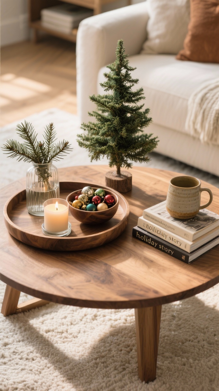 Overhead view of a styled coffee table “holiday story”: a round wood tray grouping a glowing candle, a small vase with cedar sprigs, a bowl of mixed ornaments, a hardcover book stack, and a ceramic mug; play with height using a mini tabletop tree and stacked books; materials mix of wood, glass, and soft textiles; warm morning light.