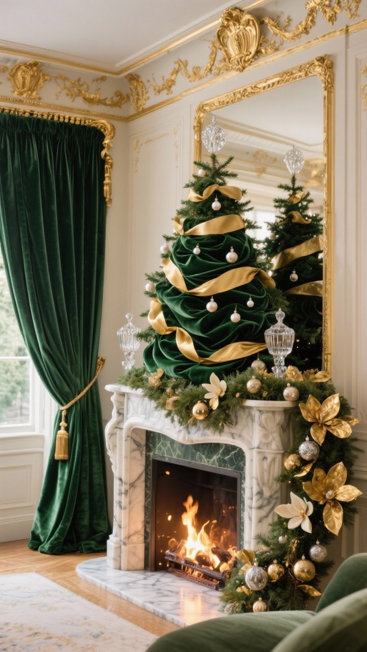 Parisian parlor medium shot: gilded crown molding with subtle gold leaf, lush emerald velvet drapes on antique brass rods with crystal tiebacks; couture Christmas tree with layered green and gold satin ribbons, glass finials, petite pearl accents; marble mantel styled with an asymmetrical garland cascading down one side, featuring gold-dusted magnolia leaves and naïve handblown ornaments; warm firelight sparkle, photorealistic.