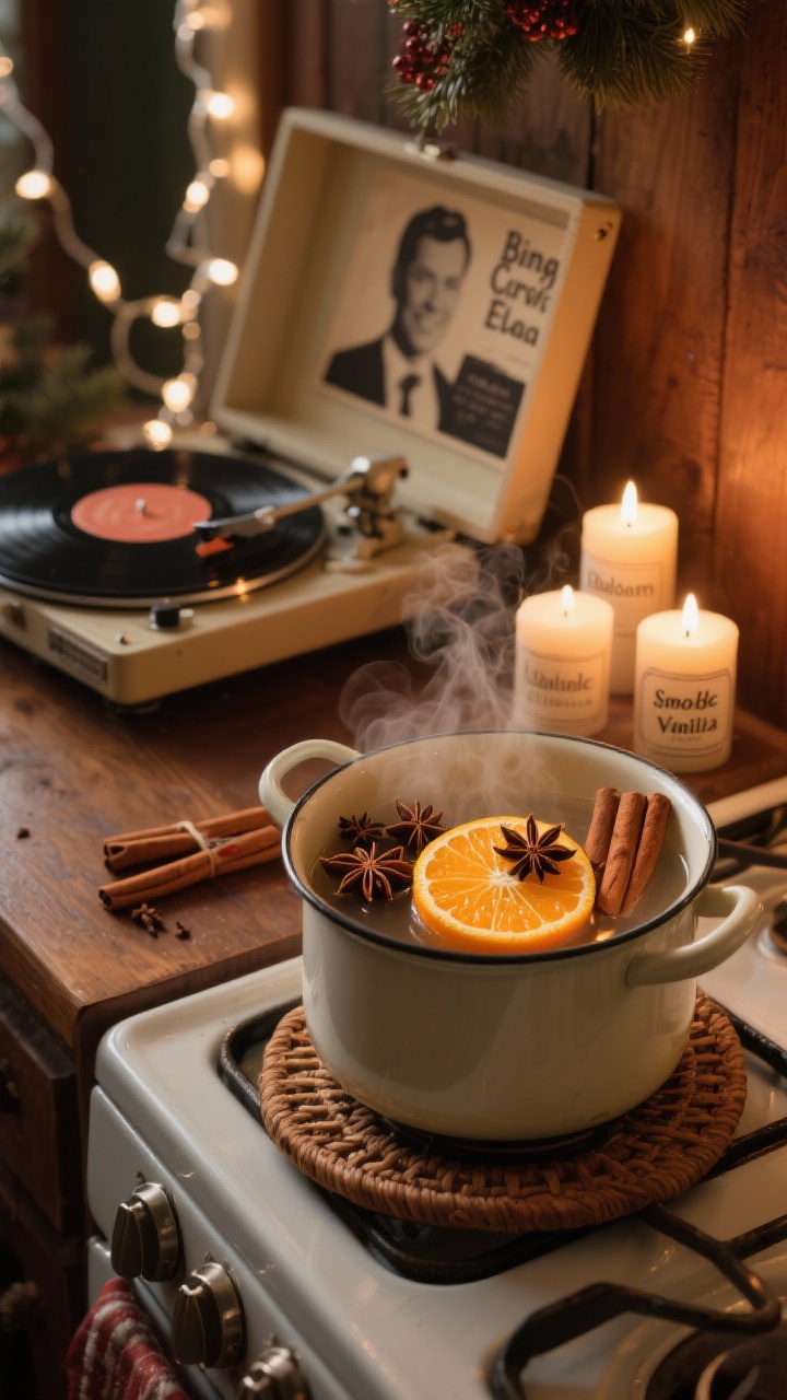 Photorealistic atmospheric closeup of vintage holiday scents and sounds: a simmer pot on a stovetop or trivet with orange slices, whole cloves, cinnamon sticks, and star anise releasing steam; nearby a record player spinning a vintage-looking Bing Crosby/Ella-style album (no readable trademarks), warm white string lights glowing softly; candles labeled with balsam, smoked vanilla, or clove scents. Warm, low lighting, rich wood tones, and gentle bokeh for nostalgic mood.