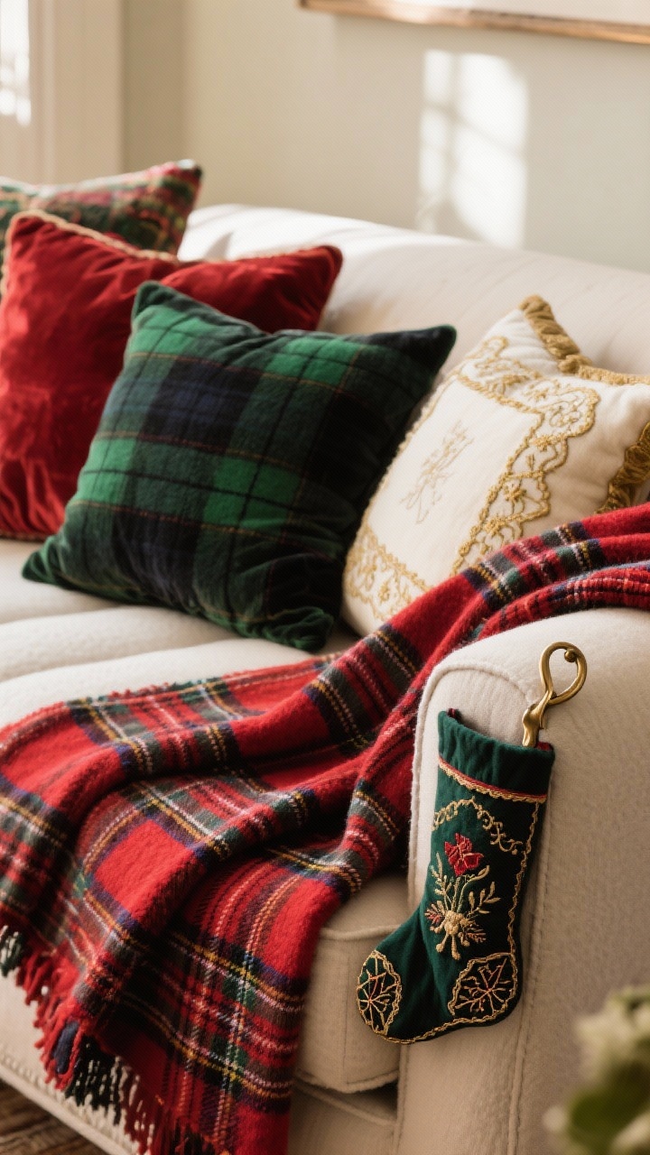 Photorealistic closeup detail of classic plaids and textiles on a sofa: a Red Stewart tartan throw artfully draped, a Black Watch green plaid folded nearby; pillows mixed in needlepoint, velvet, and wool in a tight palette of red, green, ivory, and gold. Include a vintage needlepoint stocking with brass hook resting on the arm for context. Soft afternoon natural light highlighting fabric weave and embroidery textures, shallow depth of field emphasizing pattern and pile.