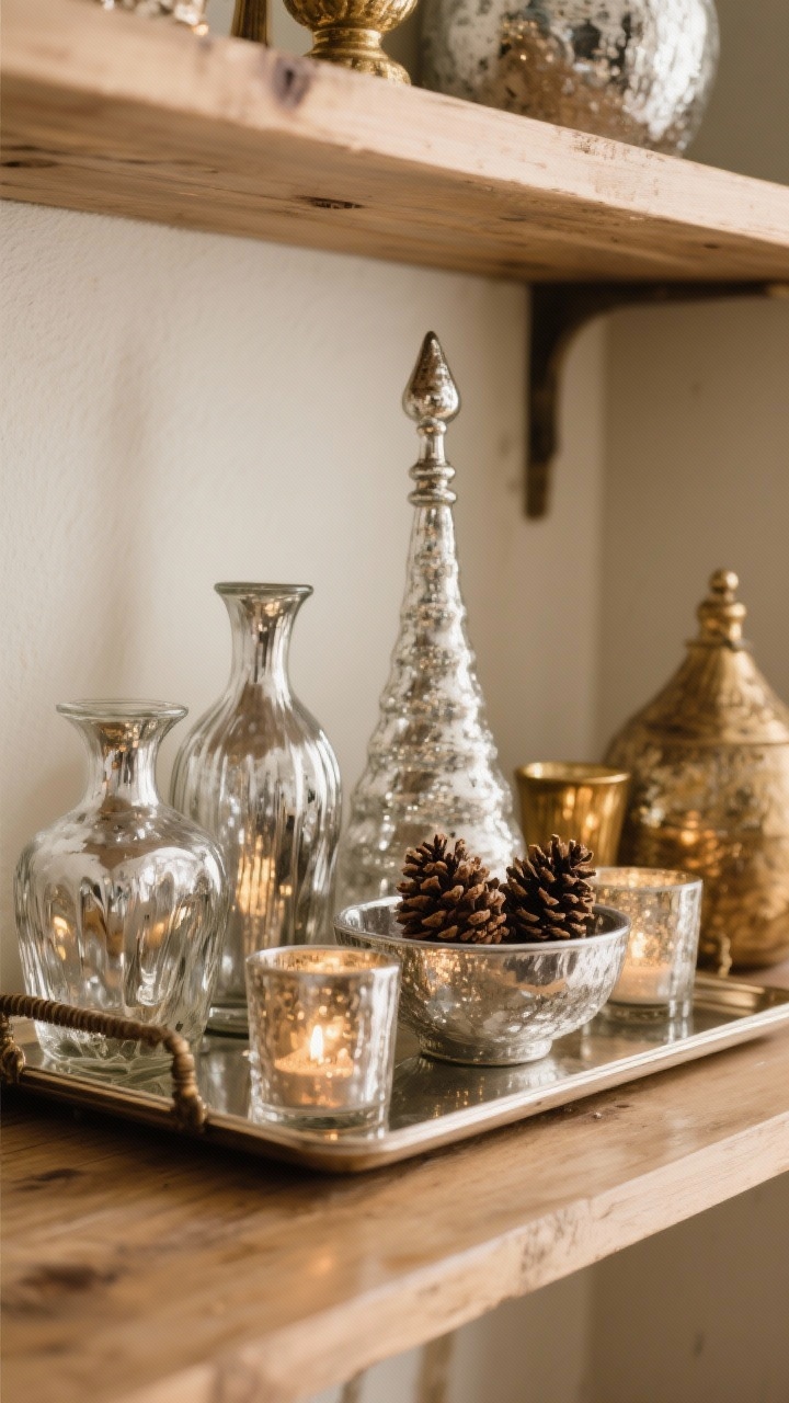 Photorealistic closeup detail of mixed mercury glass: a small tray vignette on a wooden shelf with assorted mercury glass vases and votive holders in silver and antique gold tones, their soft reflective, smoky sheen catching warm light. Include a few mercury glass ornaments nestled with pinecones in a shallow bowl and a tall mercury glass finial tree topper leaning nearby. Mix old and modern pieces, visible patina and minor wear. Soft, warm ambient lighting, shallow depth of field to emphasize texture.