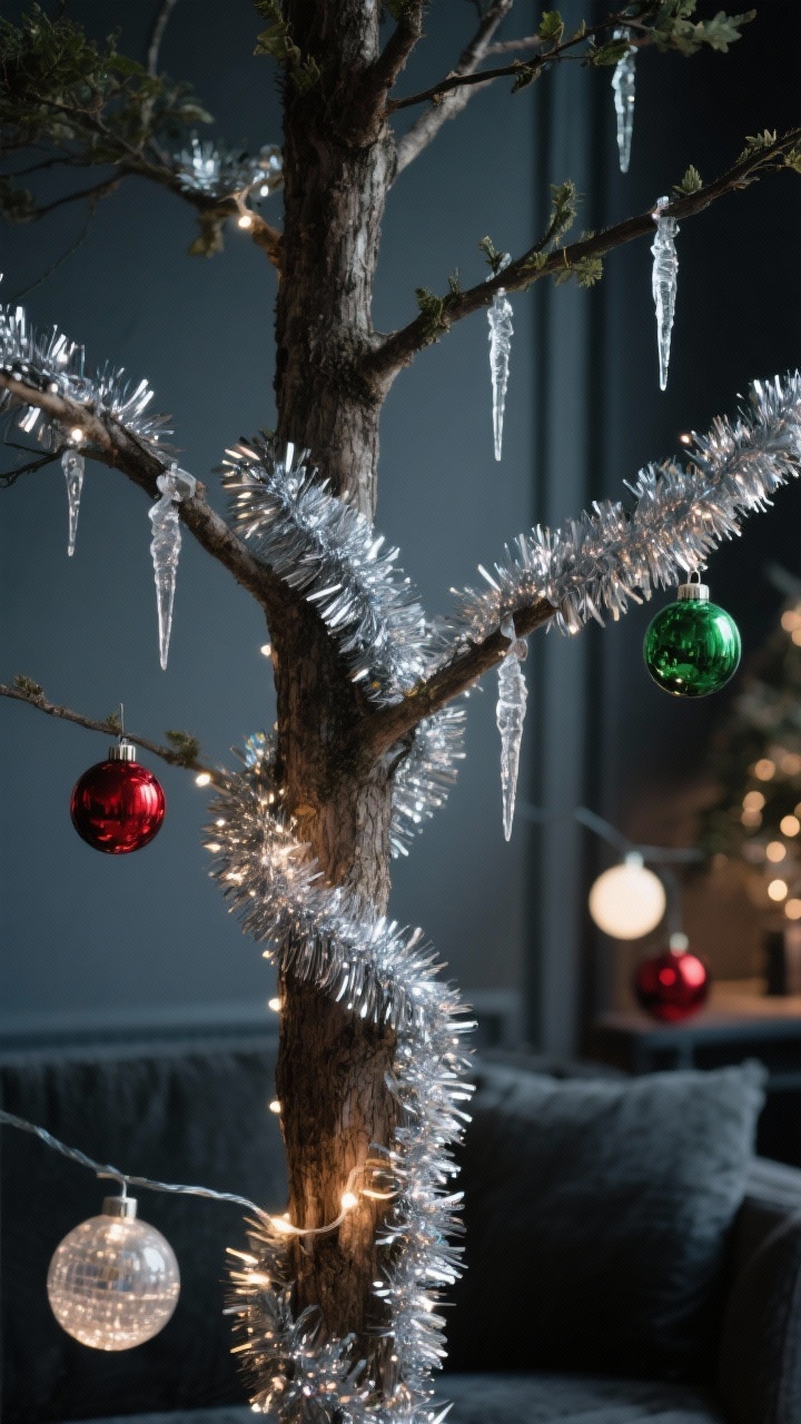 Photorealistic closeup detail of tasteful tinsel on a tree: minimal silver tinsel icicles placed sparingly on branch tips, and a subtle tinsel garland woven deep near the trunk for inner glow. The rest of the decor toned down—simple glass balls in red, green, and ivory, warm white lights. Shallow depth of field with the tinsel catching soft shimmer; moody evening lighting that feels mid-century chic.