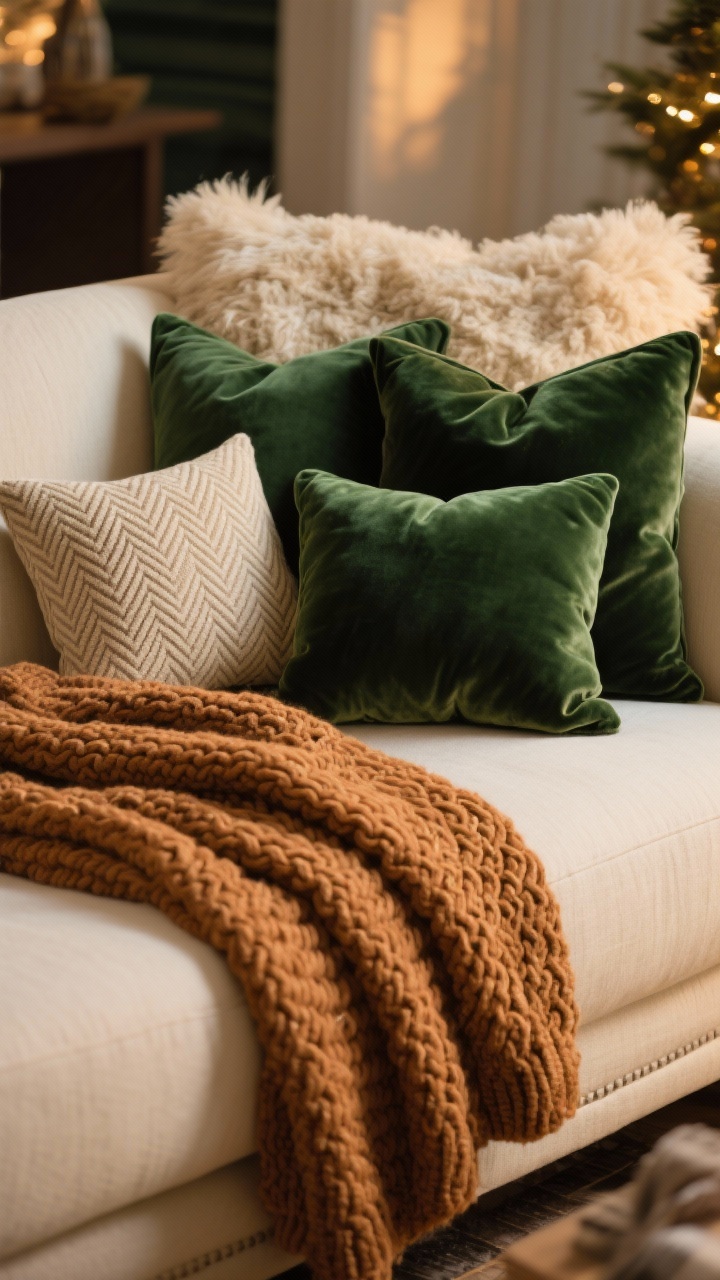 Photorealistic closeup detail shot: a layered arrangement of holiday textiles on a cream linen sofa—velvet pillows in deep green, a sherpa throw, a cable-knit blanket in caramel, plus one oversized chunky knit throw; include a subtle herringbone pillow and a single velvety accent cushion; warm ambient evening light, shallow depth of field to emphasize textures; palette of creams, caramels, and deep greens.