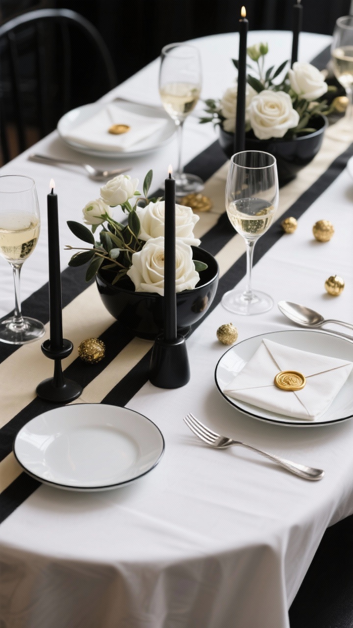 Photorealistic closeup detail shot in Parisian noir style: crisp white tablecloth with a black-and-ivory stripe runner, white porcelain with a thin black rim, champagne coupes catching soft light, sleek stainless flatware, low matte black bowls filled with white roses and ranunculus mixed with olive branches, slim black tapers in modern holders, tiny champagne-gold ornaments scattered, napkins folded into envelope shapes with gold wax seal place cards; refined, bistro-cozy glow, no people.