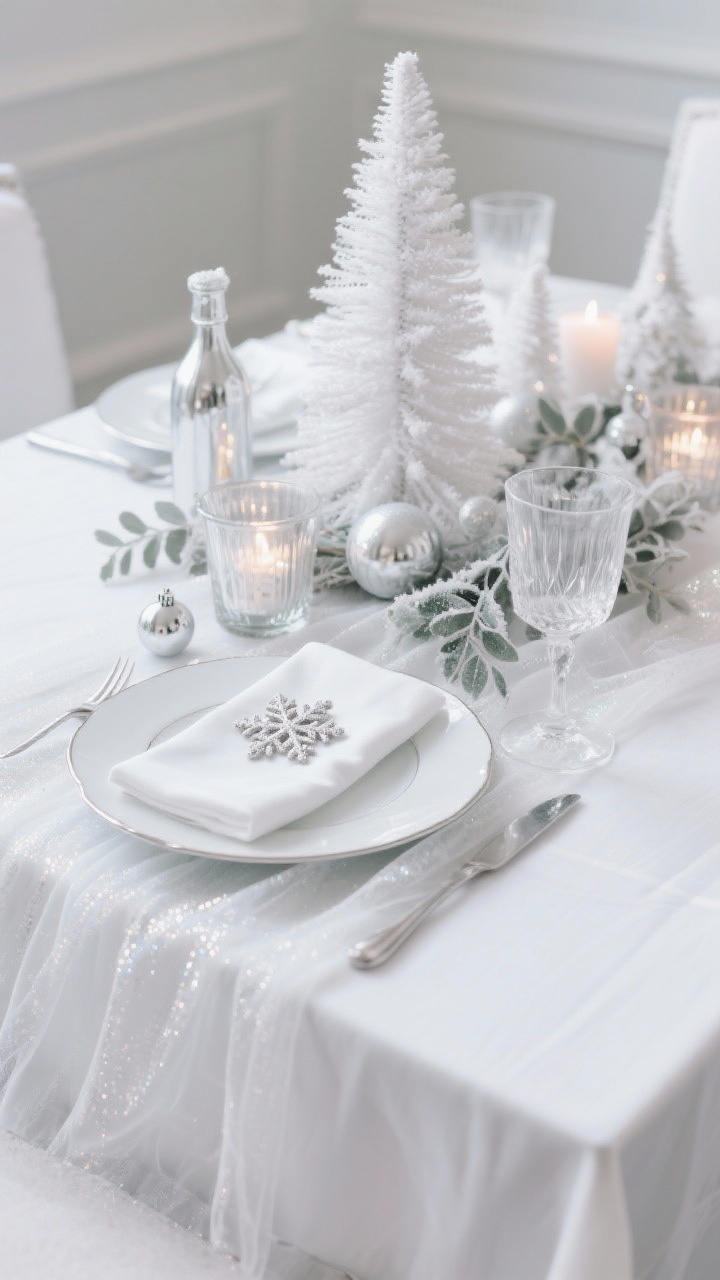 Photorealistic closeup detail shot of winter-white frosted glam: a white linen tablecloth with a sheer organza runner that subtly shimmers, white china with a platinum rim beside crystal stemware catching candlelight, a frosted mini forest of white bottle brush trees, mercury glass votives, silver baubles, and wisps of frosted eucalyptus; a mini snowflake ornament rests atop a neatly folded napkin; cool, elegant, snowlike glow, no people.