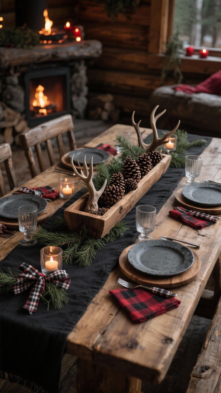 Photorealistic medium corner-angle shot of a woodland cabin tablescape: dark charcoal runner on a rustic wood table, wooden chargers topped with charcoal gray stoneware, classic buffalo check napkins peeking from under the plates, a long wooden trough centerpiece filled with pinecones, cedar sprigs, and small antler accents, scattered tea lights in smoky glass holders, glasses tied with subtle plaid ribbons; palette charcoal, evergreen, warm wood, cranberry accents; firelit, lodge-cozy mood, no people.