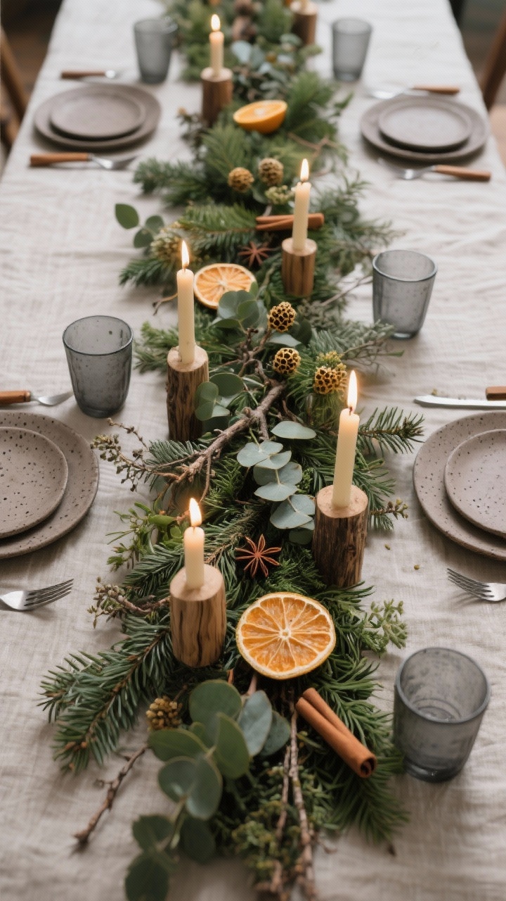 Photorealistic medium overhead shot of a forest-foraged centerpiece meandering along a natural linen runner: mixed greens of cedar, fir, eucalyptus, and seeded branches intertwined with beeswax tapers in raw wood holders, dried orange slices, star anise, and cinnamon sticks tucked among the foliage; speckled taupe stoneware, wood-handled flatware, and smoky gray tumblers at the edges; palette taupe, evergreen, honey, smoke; soft candlelit, organic mood, no people.