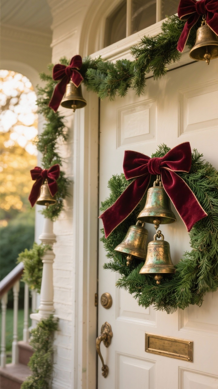 Photorealistic medium shot focusing on antique bells and ribbons: a classic front door wreath in deep green cedar with a trio of brass bells tied with wide velvet ribbon (rich burgundy or hunter green), the bells showing aged patina. Secondary details: matching bells dangling from mantel garland ends and a cluster tied to a staircase newel post with greenery in the background. Golden-hour exterior light on the door scene; interior glimpses softly lit. Textures of velvet and aged brass emphasized.
