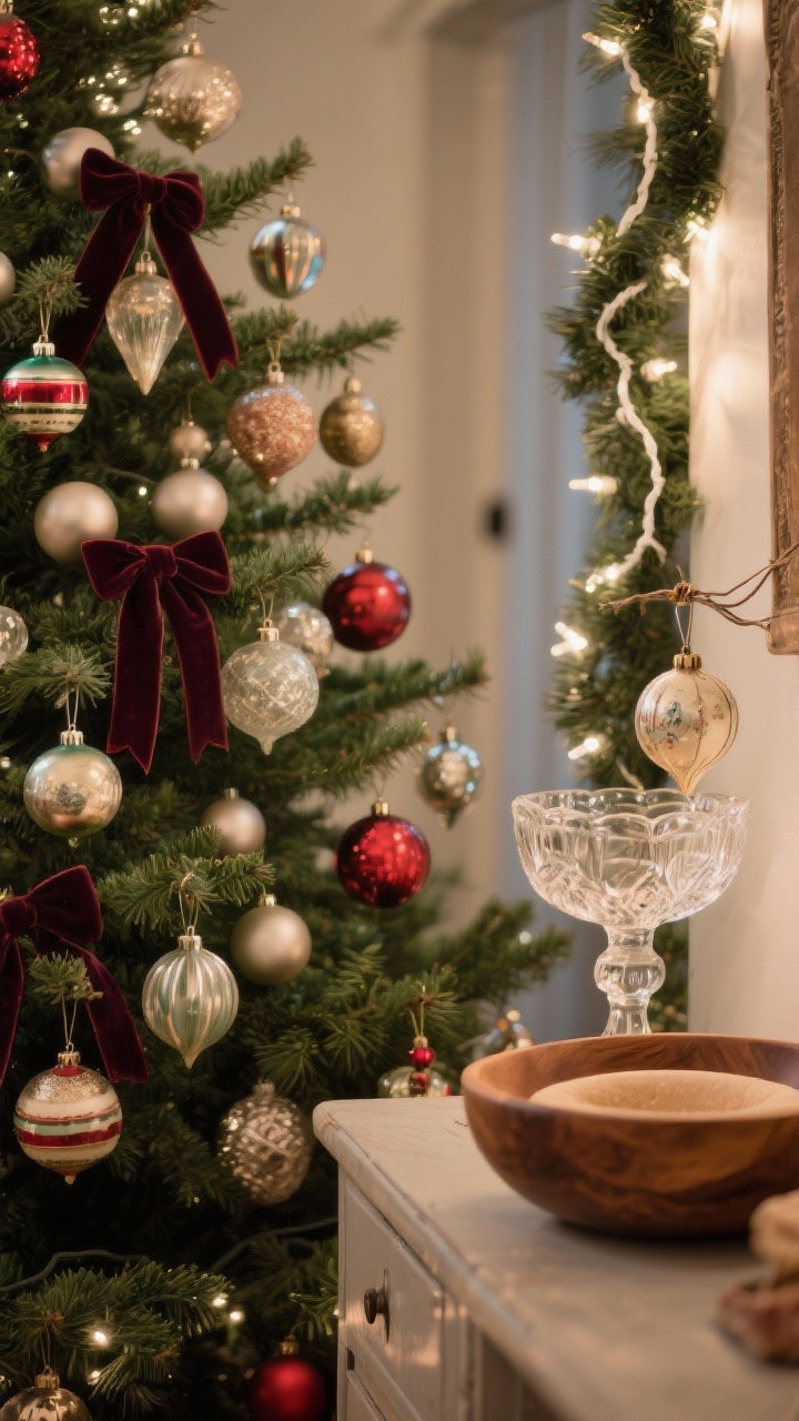 Photorealistic medium shot of a Christmas tree section at eye level showcasing real vintage ornaments from the 1940s–1950s: delicate glass baubles clustered in small groups, hung with rich velvet ribbons; mixed with matte modern filler balls to let the vintage stand out. Extras displayed in a glass compote and a wooden dough bowl on a nearby console. Include a tip showing one fragile ornament wired into a garland strand. Warm white string lights, rich greens and reds, cozy evening glow, slight corner angle.