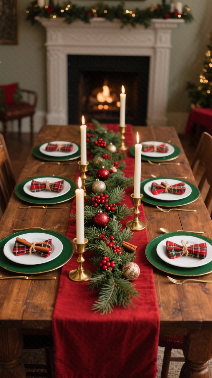 Photorealistic medium shot of a classic Christmas dining table set for six, styled with a deep red linen runner over a warm wood table, forest green chargers beneath crisp white plates with a simple holly rim, brass candleholders with tall ivory tapers glowing softly, an evergreen garland of fresh pine, cedar, and holly down the center with clusters of red berries and a few vintage-style ornaments, plaid napkins tied with twine and a cinnamon stick at each setting; palette red, forest green, ivory, brass; cozy hearthside evening lighting, no people.