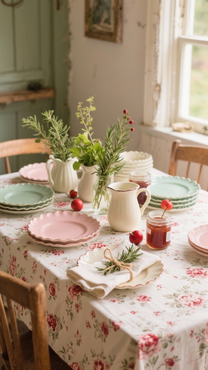 Photorealistic medium shot of a cozy cottage table: a floral/ditsy print tablecloth with vintage charm, mix-and-match pastel dishes in blush, sage, and cream with scalloped edges, jam jars and small pitchers clustered as vases holding garden greens, rosemary, and tiny red crabapples, napkins tied with baker’s twine and a sprig of thyme tucked in; warm morning window light, imperfect and homey, sage/blush/cream with berry red accents, no people.