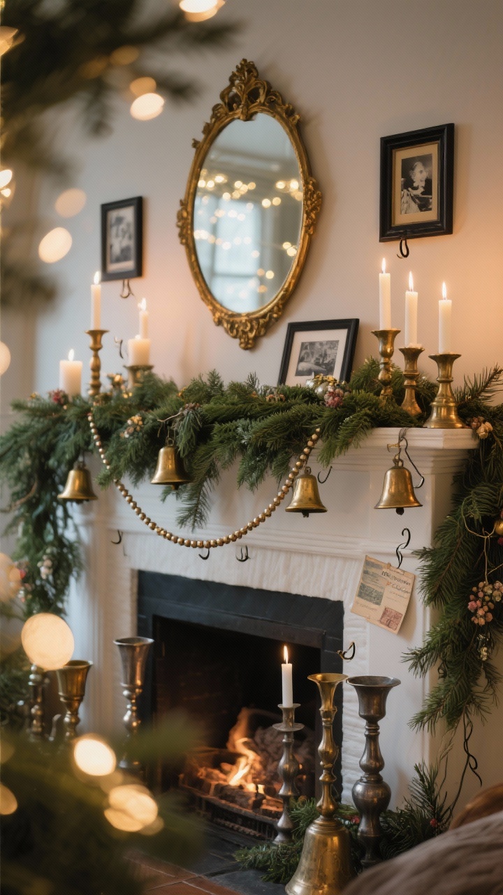 Photorealistic medium shot of a nostalgic Christmas mantel styled effortlessly: a lush cedar/pine garland draped across, layered with a thinner strand of brass bells and bead garland for depth; clusters of mismatched brass and pewter candlesticks at varied heights with warm white candles aglow; a vintage gilded mirror propped center reflecting twinkle lights; tiny framed black‑and‑white photos and vintage postcards tucked into the greenery. Warm, cozy evening lighting, soft bokeh from string lights, straight-on view. Subtle floral wire/command hooks hidden, textures of greenery, aged brass patina, and antique frame detail.