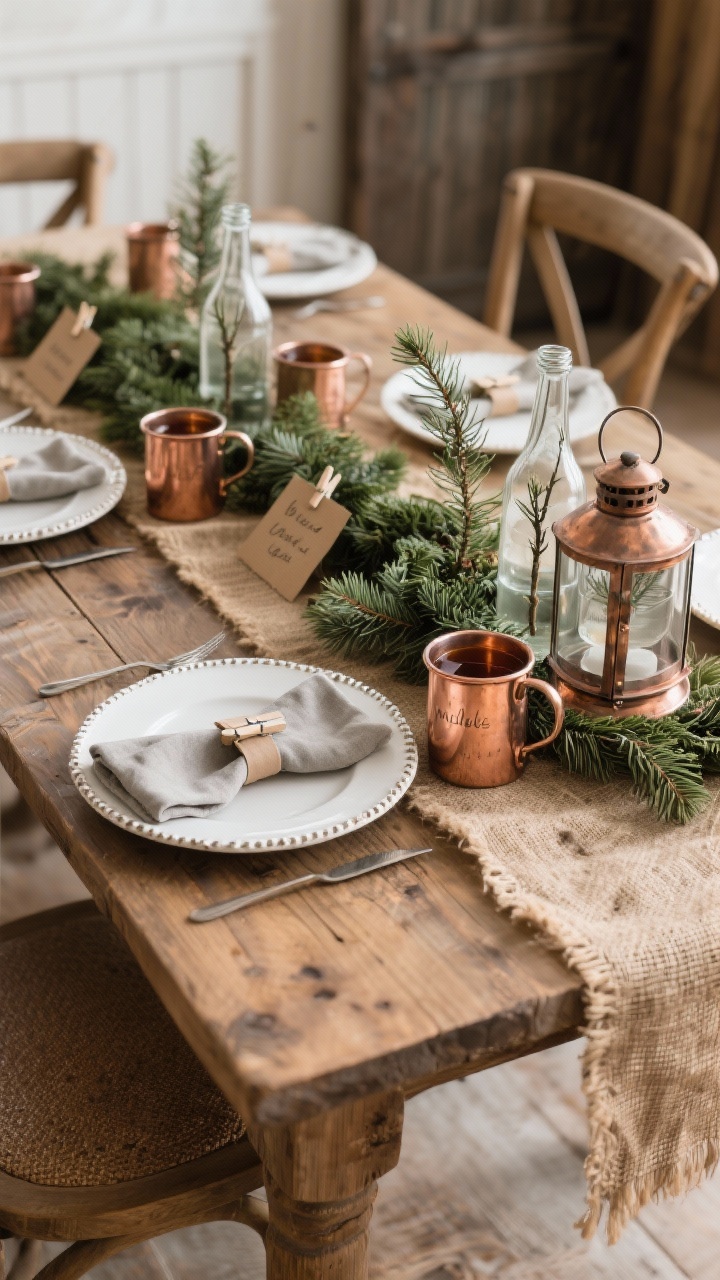 Photorealistic medium shot of a rustic farmhouse table: bare wood surface showing rich grain, a thick jute runner, white farmhouse plates with beaded edges, stone-colored linen napkins tucked into copper napkin rings, a lush cedar garland winding through hammered copper lanterns and clear glass bottles holding single cedar stems, copper mugs for mulled cider, handwritten kraft paper place cards clipped with tiny clothespins; warm, earthy lighting, evergreen/white/copper/jute palette, no people.