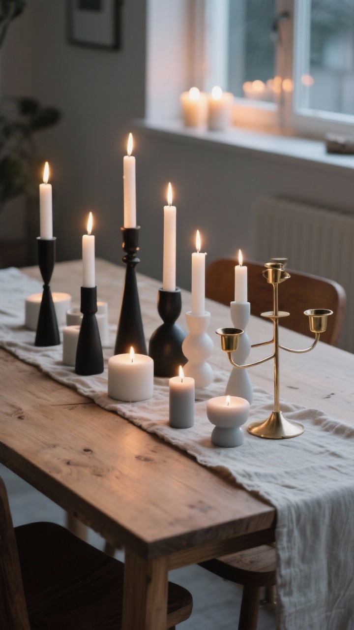 Photorealistic medium shot of a Scandinavian dining table at dusk, clustered with real candles of varying heights and shapes: matte black taper holders, white and soft gray candleholders, a minimalist brass candelabra as a statement; natural wood table with a linen runner, subtle wood and linen textures glowing in warm candlelight, calm background with windowsill candles softly blurred, no scent indicators, serene hygge ambiance.