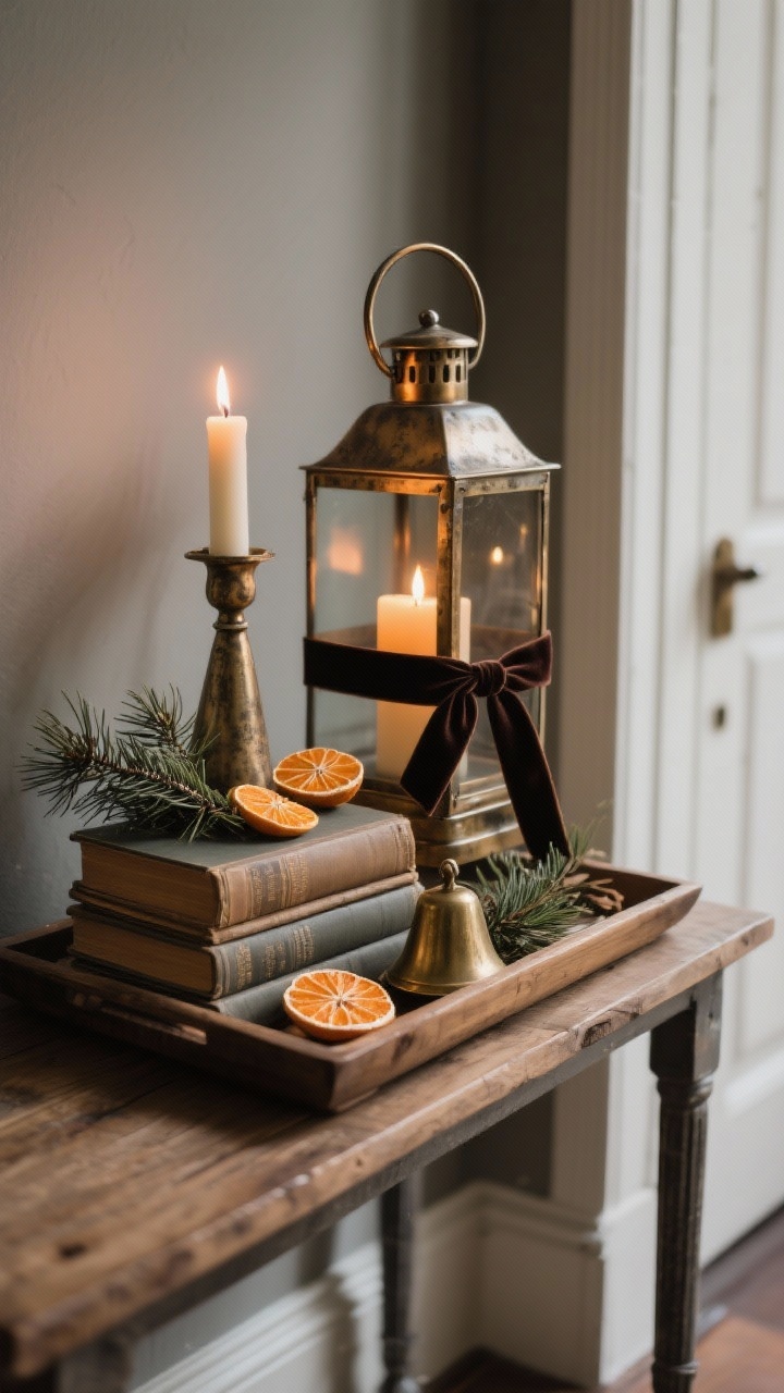 Photorealistic medium vignette on an entry table: a wooden tray stacked atop muted-tone hardcover vintage books; an iron/brass lantern with a warm flameless candle for height; cedar clippings and dried orange slices tucked around the base; a small aged brass bell; a narrow velvet ribbon tied around the lantern handle. Cozy, moody lighting with gentle shadows and warm highlights on metal and wood, corner angle perspective.