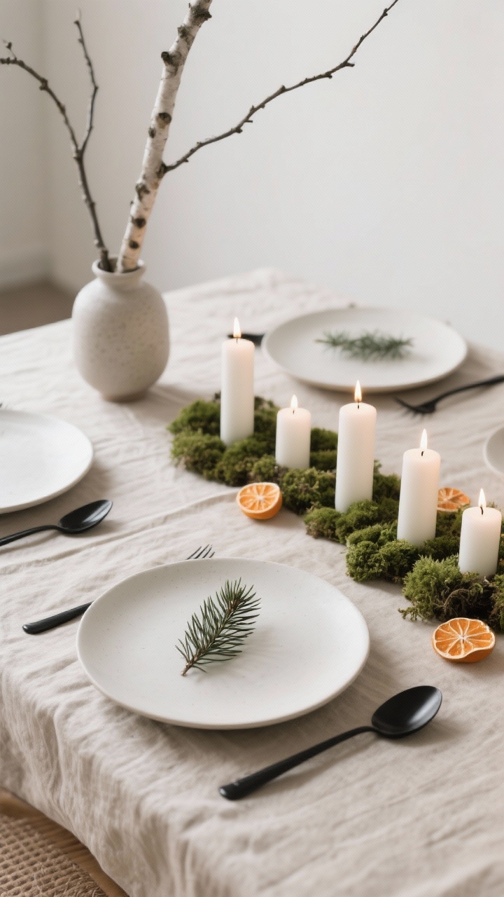 Photorealistic overhead detail shot of a Nordic minimalist place setting on an oatmeal linen tablecloth: warm white matte stoneware plates, matte black flatware, a single sprig of pine on the plate, a calm centerpiece line of evenly spaced unscented white pillar candles surrounded by tiny tufts of moss and a few dried orange slices; thin birch branches stand in a simple ceramic vase nearby; soft candlelit, Scandinavian calm, white/oatmeal/black/soft green palette, no people.