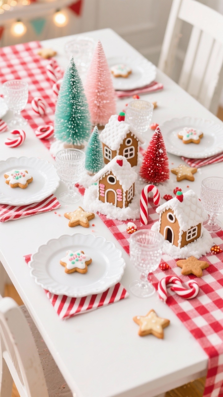 Photorealistic overhead playful tabletop scene: gingham red-and-white runner across a white table, scalloped white plates, striped candy-cane napkins, clear hobnail glasses for texture, a centerpiece village of mini gingerbread houses dusted with powdered sugar “snow,” bottle brush trees in mint, blush, and red tucked between, scattered candy canes and star-shaped cookies, a mini iced cookie favor centered on each plate; bright, cheerful holiday lighting, no people.