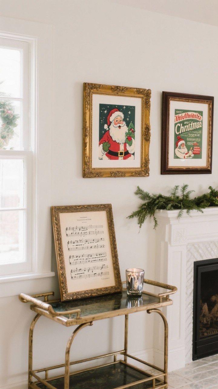 Photorealistic straight-on wall vignette featuring framed retro holiday art and sheet music: an existing gallery wall with two frames swapped for seasonal prints—an old Santa illustration and a vintage holiday ad—plus a framed sheet music page leaning on a mantel or bar cart behind decor. Antique or antique-style frames with gilded and dark wood finishes. Include subtle greenery and a mercury glass votive for context. Soft daytime window light, matte paper texture visible.