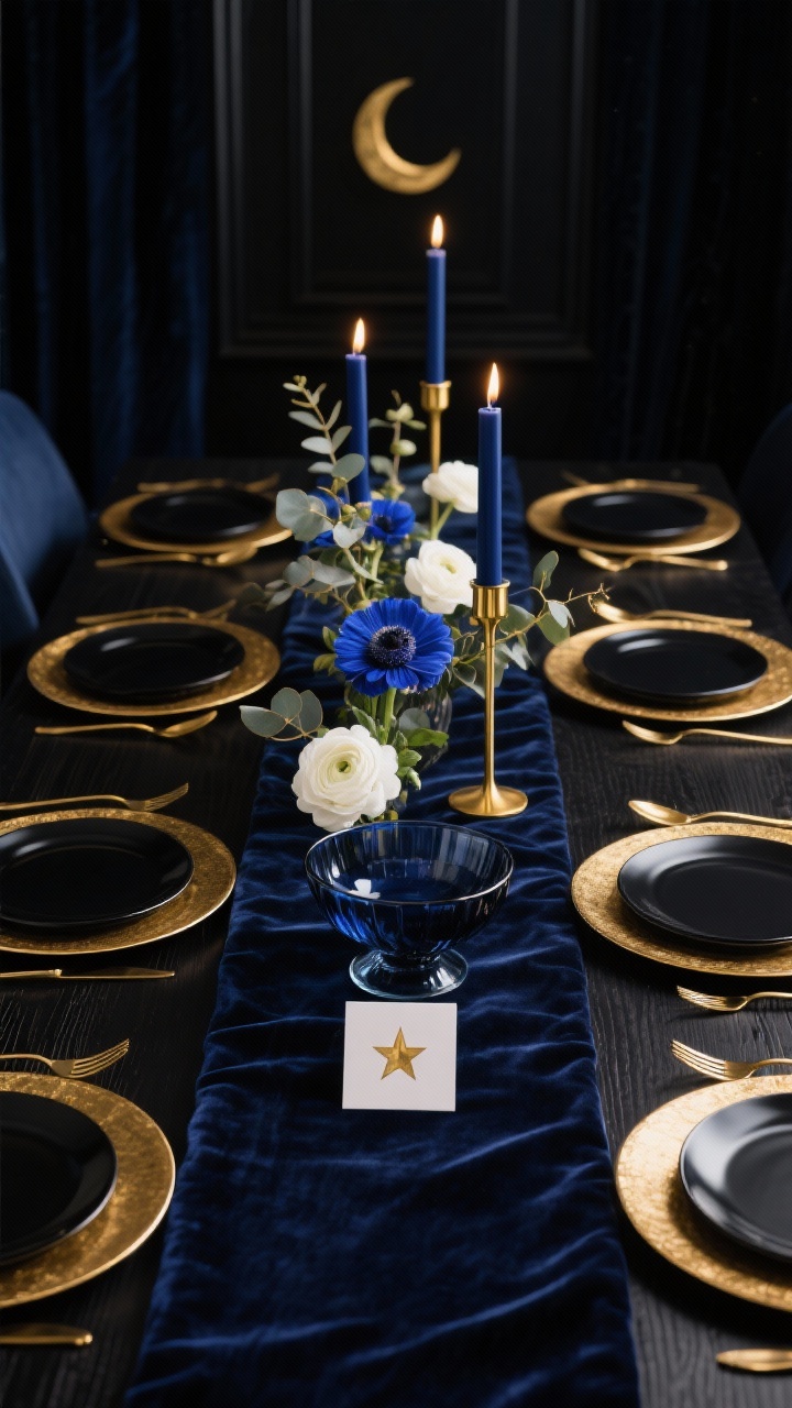 Photorealistic wide shot of a moody luxe dining setup: deep navy velvet runner on a black or dark wood table, matte black plates atop gold-rimmed glass chargers, gold flatware, low dark glass bowls with deep blue anemones, white ranunculus, and eucalyptus, tall gold taper holders with midnight-blue candles casting a golden glow, a single gold star or crescent moon place card at each setting; palette navy, black, white, gold; dramatic evening ambience, no people.