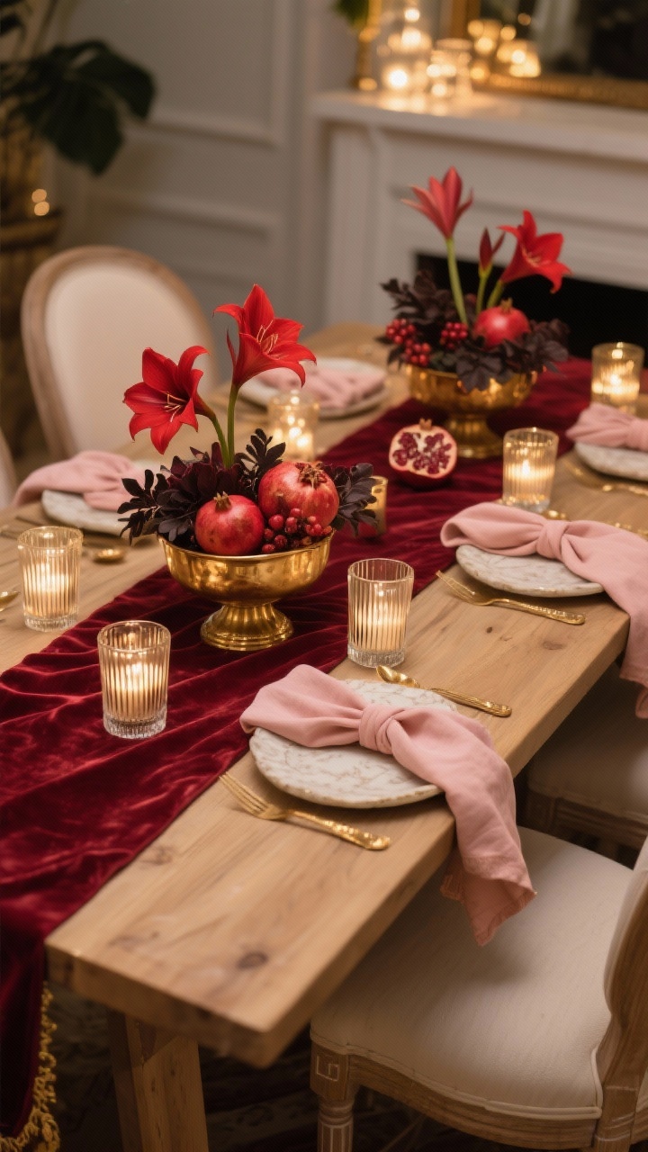 Photorealistic wide shot of cozy glam: a light oak table with a deep cranberry velvet runner, creamy stoneware trimmed in gold, casually knotted blush linen napkins, low gold compotes overflowing with red amaryllis, pomegranates, and dark foliage as the centerpiece, scattered ribbed glass votives casting a warm glow; palette cranberry, blush, cream, gold; intimate evening ambiance, no people.