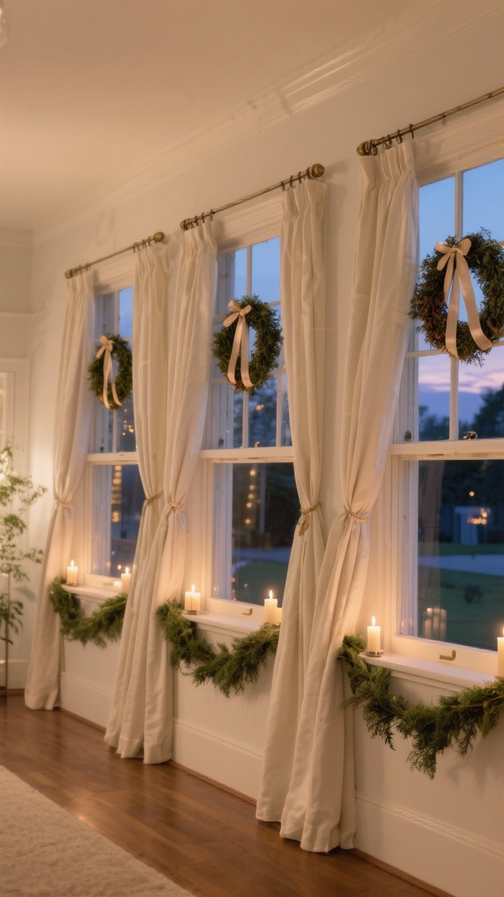 Photorealistic wide shot of windows dressed like 1957: each window features a mini wreath hung at identical height with thin satin ribbon matching the home’s palette; a soft greenery swag draped along the curtain rod; battery window candles on sills casting a classic colonial warm glow. Interior evening scene with exterior twilight visible, warm white lighting only. Clean, symmetrical composition, straight-on view emphasizing repetition and charm.