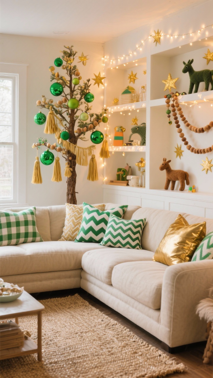 Playful family room wide shot: beige deep sectional with patterned cushions—gingham green, emerald chevron, and metallic gold pillows; built-ins strung with warm micro-lights and dotted with small gold starbursts; lively tree with emerald and lime ornaments, gold tassels, wooden bead garlands, and felt animal ornaments; jute rug grounding the space; cheerful, cozy lighting, photorealistic.