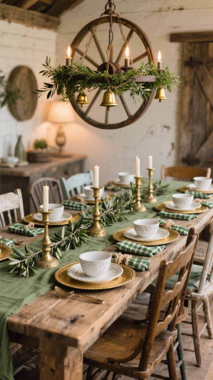 Rustic farmhouse dining medium shot from table height: reclaimed wood table with olive-green linen tablecloth, mismatched dining chairs; vintage brass candlesticks down the center with olive branches tucked around them as an unfussy runner; place settings with white stoneware, chunky gold chargers, and green plaid napkins tied with jute; overhead wagon wheel chandelier loosely wrapped in greenery and gold bell ornaments; warm farmhouse lighting, photorealistic.