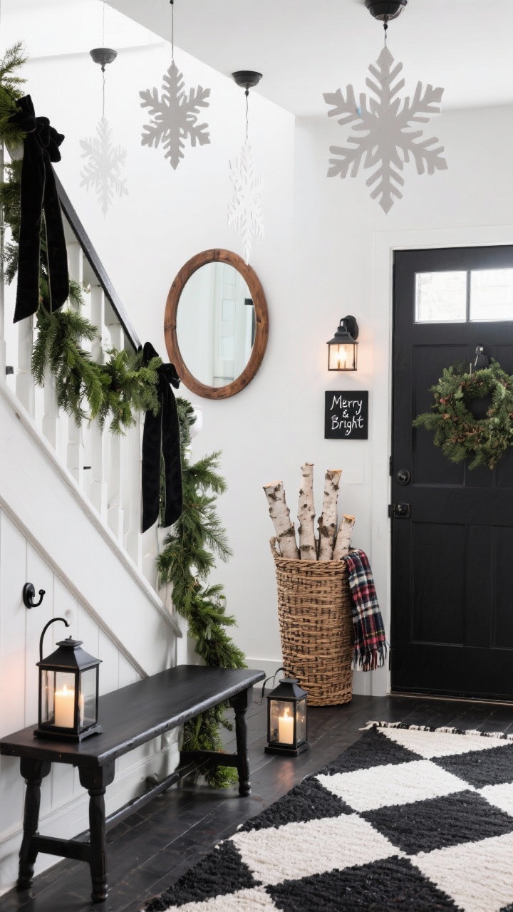 Straight-on entryway, Black-and-White with Evergreen Drama: black Windsor bench, checkerboard or diamond-pattern flatweave rug, matte black hooks; thick mixed-greens garland looped around the stair rail with black velvet ribbon tails; oversized paper snowflakes hanging from the ceiling at varied heights; round wood-framed mirror; tall woven basket stuffed with birch logs and plaid scarves; vintage-style black lanterns with battery candles by the door; small chalkboard sign reading “Merry & Bright”; crisp, graphic lighting.