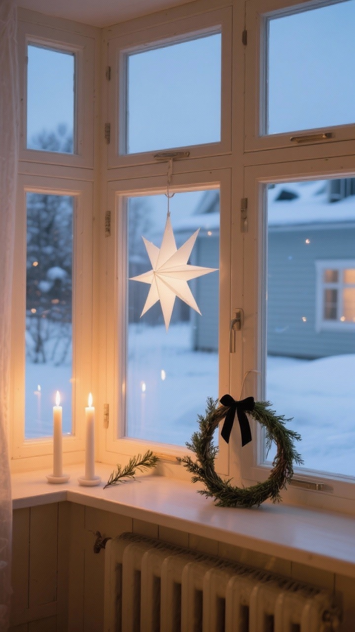 Straight-on evening shot of Scandinavian windows from inside, creating a soft glow: a single large white paper star pendant hung in each window, two unscented candles on the sill beside a small sprig of greenery, and a tiny hoop wreath with black velvet ribbon; warm, gentle lighting that reads magical from the street, snowy exterior softly visible.
