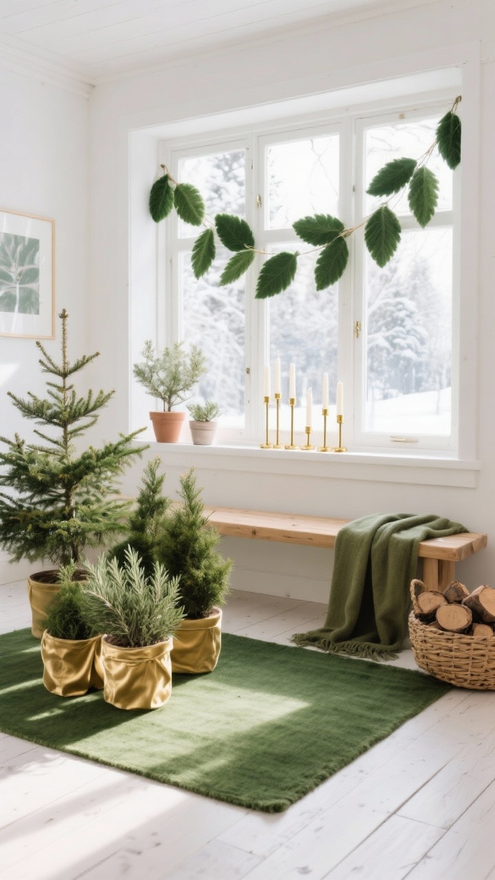 Sun-drenched Scandinavian sunroom wide shot: whitewashed floors, light wood bench, forest-green area rug; cluster of potted evergreens—dwarf spruce, rosemary, juniper—each base wrapped in soft gold fabric; minimal decor with a stylized green felt-leaf garland across the window and a row of slim gold candleholders on the sill; olive linen throw and a woven basket of logs; soft natural winter light, photorealistic.