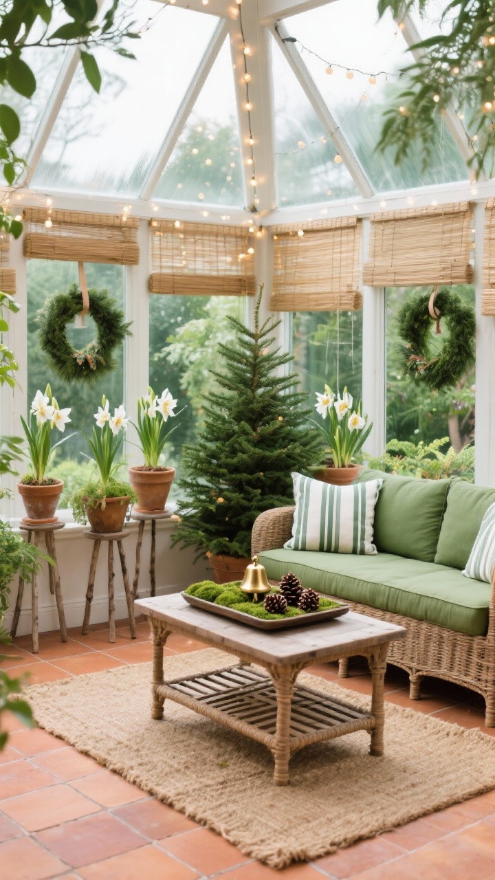 Wide conservatory view of an Evergreen Sunroom: glass walls filled with potted evergreens, paperwhites, and amaryllis on rustic plant stands; micro fairy lights threaded through foliage; wicker settee with green linen cushions and ticking stripe pillows; slatted coffee table with tray of moss, pinecones, and brass bells; terracotta tile floor softened by a jute rug; reed shades on windows with clip-on wreaths; bright natural daylight filtered through greenery.