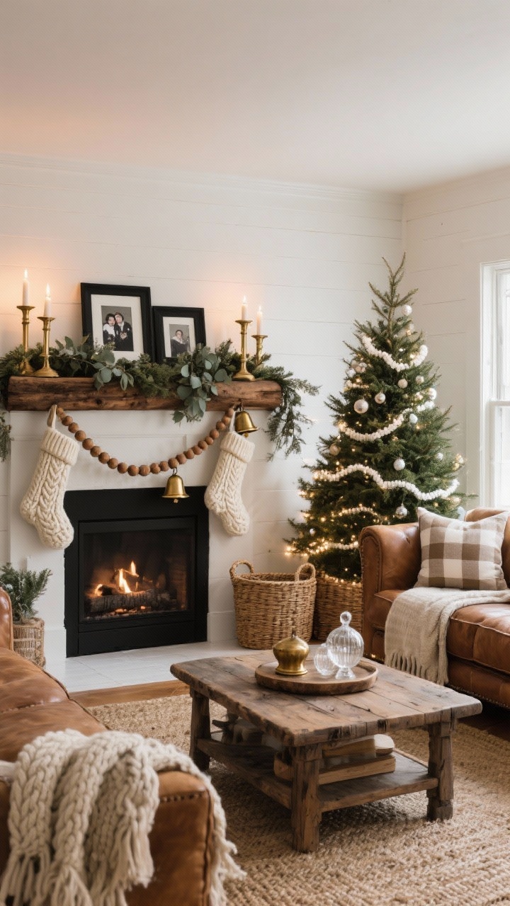 Wide living room shot, Heritage Hearth style: creamy white walls, natural jute rug, camel leather sofa, chunky reclaimed-wood coffee table; mantel layered with thick cedar and eucalyptus garland, vintage brass candlesticks, small black-framed family photos; cable-knit cream stockings with brass bells and a wood bead garland draped in loose curves; Norway spruce tree in a woven seagrass basket with warm white dense-wrapped lights and matte white, brushed brass, and clear glass ornaments; oversized gingham pillows and a chunky wool throw; evening warm glow, photorealistic, no people.