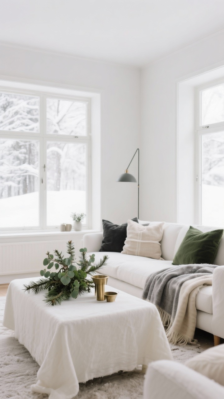 Wide shot of a calm Scandinavian living room in a snowbank-inspired palette: whites, creams, taupes, charcoal, and soft forest green accents; white/cream textiles layered with gray and beige throws, a spriggy pine/eucalyptus arrangement adding green, metallics limited to brushed brass only; soft natural winter light from large windows, clean lines and visual quiet.