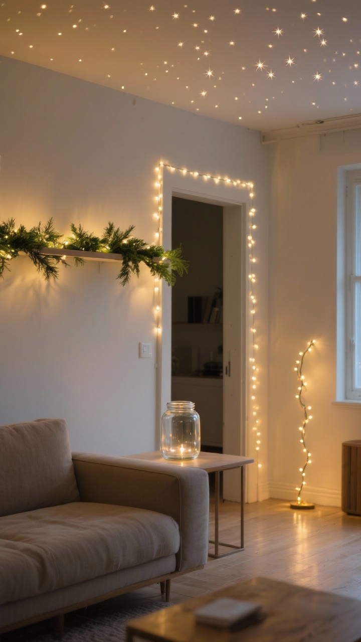 Wide shot of a living room with soft, starry lighting: warm white micro-lights threaded through a simple greenery garland on a shelf, one clean line of lights outlining a doorway, and a single strand filling a large clear glass jar on a side table; no colored lights; evening ambience with a gentle golden glow.