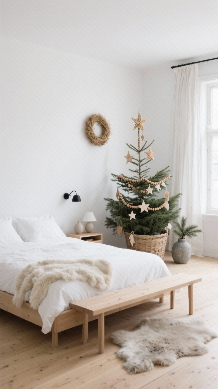 Wide shot of a Nordic Minimal Bedroom Retreat: white walls, blonde wood floors, low-profile wood bed dressed in crisp white percale with shearling layers; pale spruce tree in a basket adorned with straw stars, wood bead garlands, and paper ornaments; simple Scandi bench at the foot, sheepskin rugs, matte black sconces; minimal nightstands with ceramic lamps and a sprig of pine in a stone vase; linen window panels with a single centered wreath; calm morning light, serene and pared back.