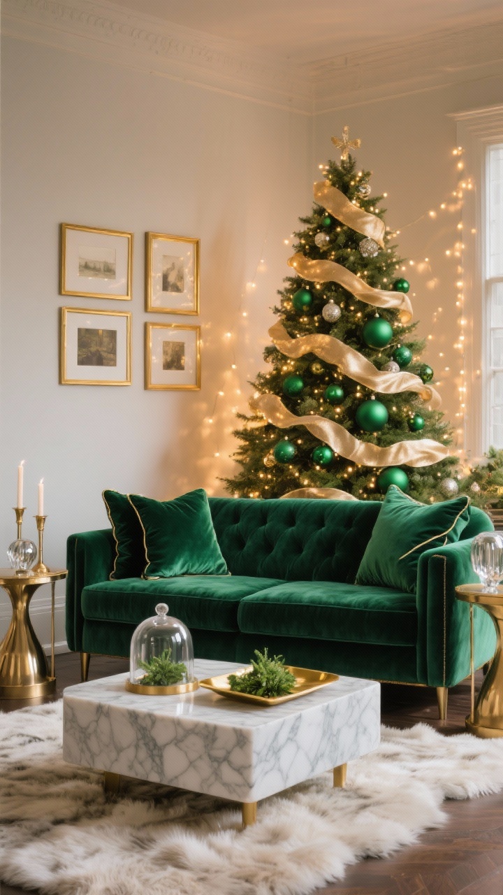 Wide shot of an emerald velvet living room: deep emerald velvet sofa centered, sleek brass side tables on each side, lush full Christmas tree dressed with cascading champagne-gold ribbon in loose spirals and oversized matte green ornaments, ivory faux-fur rug, marble coffee table with a gold tray, a glass cloche over greenery, and mercury glass candleholders; add gold picture frames on the wall and two green velvet pillows with thin metallic piping; warm evening glow with twinkling tree lights, photorealistic, no people.