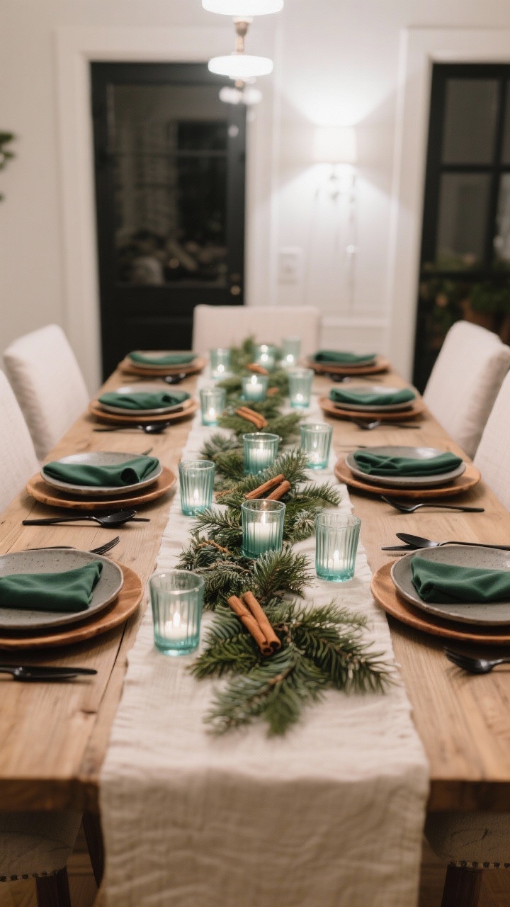 Wide shot of an understated holiday dining table set for guests: narrow natural linen runner, low centerpiece of layered evergreen clippings, stoneware plates on warm wood chargers, matte black cutlery, clear glass tealights evenly spaced; optional deep green napkins or cinnamon sticks at each place; warm white ambient lighting without tall arrangements.