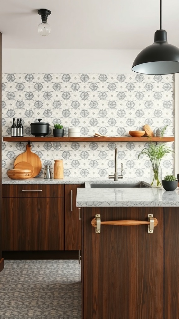 A kitchen featuring brown cabinets and a patterned cement tile backsplash.
