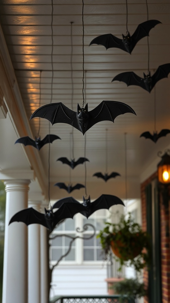 Hanging black bat decorations on a porch